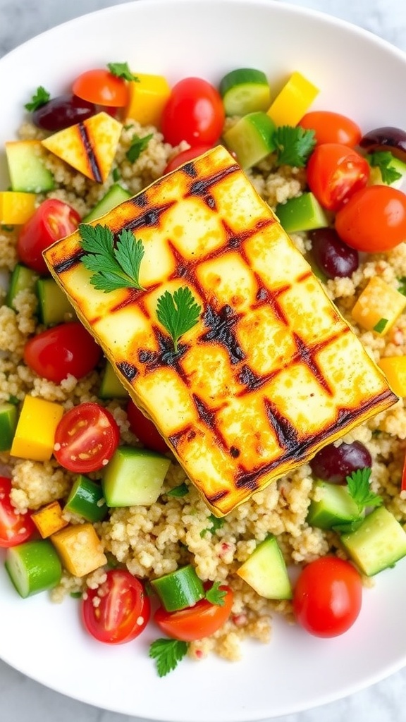 A colorful quinoa salad with grilled halloumi, bell peppers, cucumbers, and cherry tomatoes, garnished with parsley.